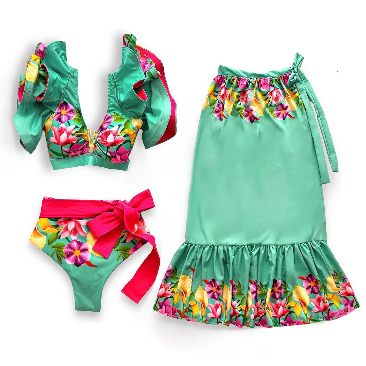 2025 High Quality Sexy Set Floral Brazilian Biquini Shoulder Ruffle Bikini Swimwear Women Swimsuit Solid Monokini Beach