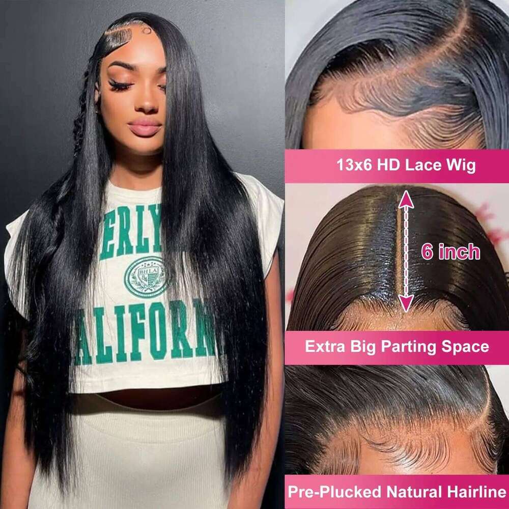 Bone Front 13x4 13X6 Hd Lace Frontal Wig Pre Plucked 180% Density Black Straight Human Hair Wigs