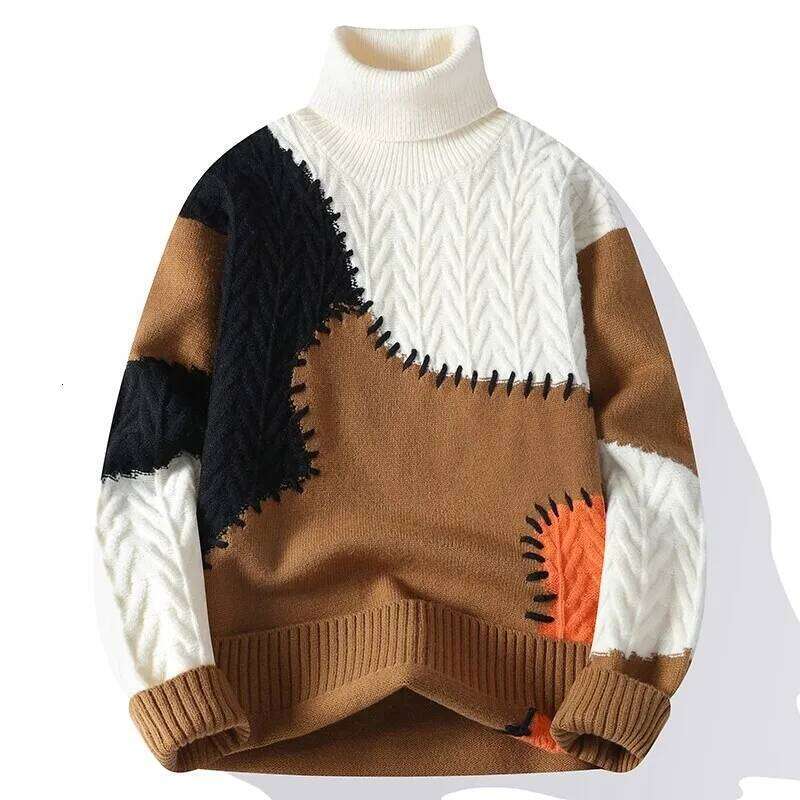 Autumn Winter Men's Fashion Patchwork Turtleneck Sweater Loose Casual Knitted Pullovers Men Youthful Vitality Knit Sweaters