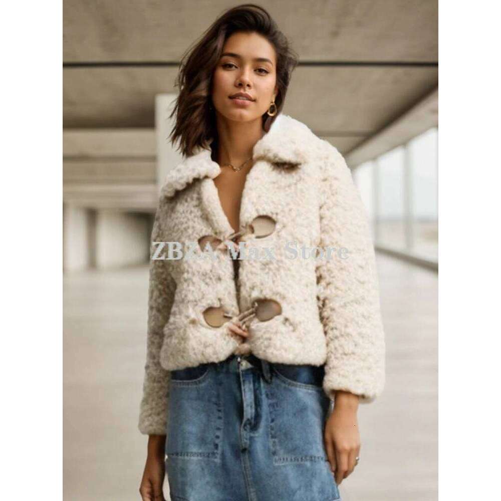 ZBZA Women's Thick Warm Lamb Jacket Solid Lapel Long Sleeved Single Breasted Pocket Faux Fur Outerwear Winter Female Chic Coat