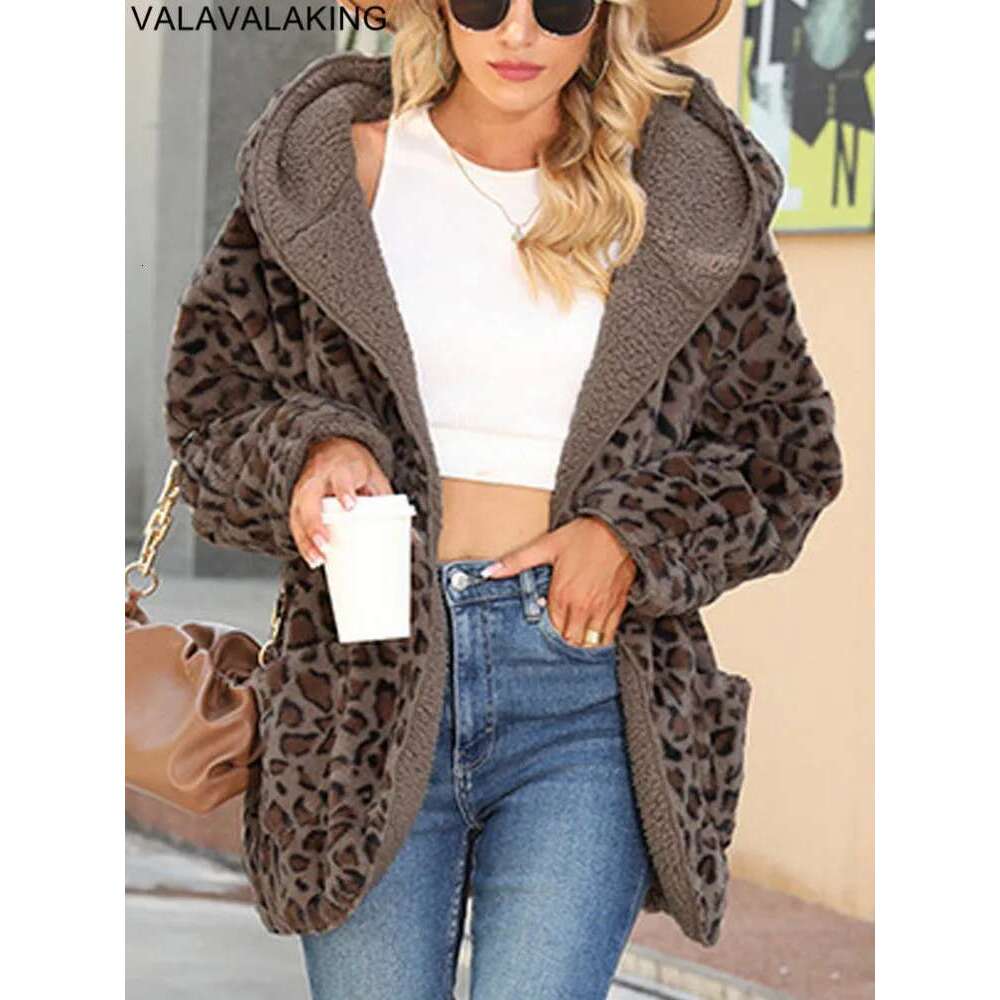 2025 Autumn Winter Long Sleeve Women Jacket Thick Plush Hooded Warm Casual Leopard Soft Loose Cardigan Lady No Buttons Coat