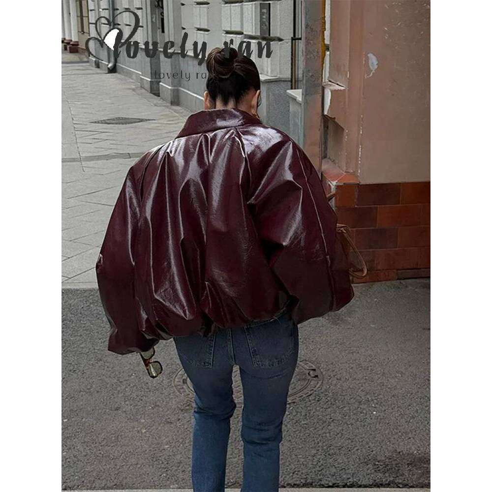 Y2k Bury Leather Bomber Jacket Women Urban Lapel Zipper Pocket Cropped Short Female Coats 2024 Lady Casual Outerwear