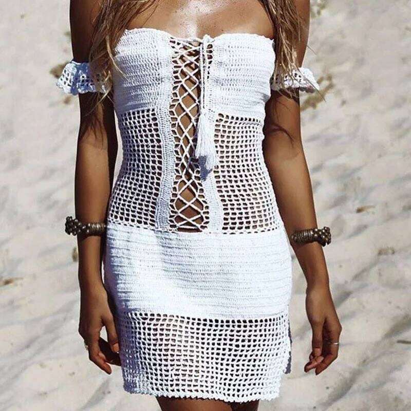 CROCHET BIKINI Sexy Women's Beach Swimsuit Strappy Off Shoulder Dress Boho Crochet Bikini Cover Up Beachwear