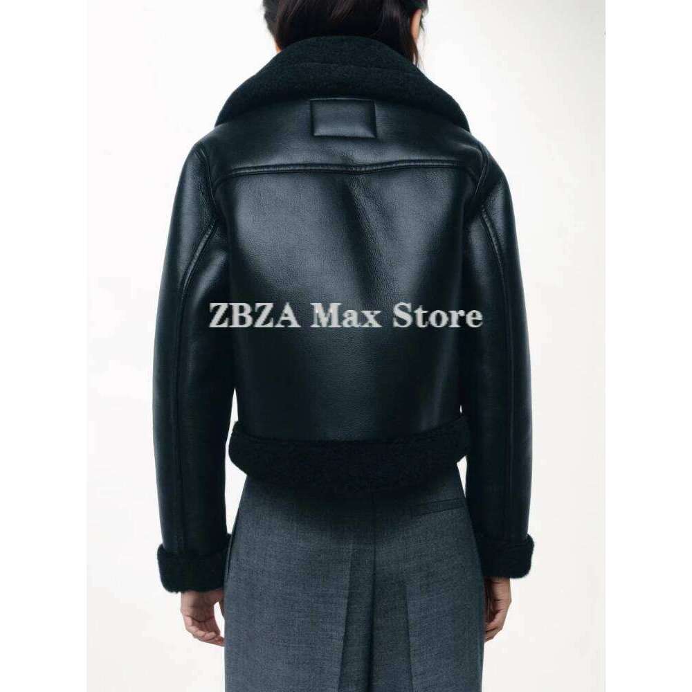 ZBZA Women Bomber Warm Jacket Coat Lapel Long Sleeve Pocket Zip Tie At Neckline Faux Leather Outerwear Fall Winter Female PU Top