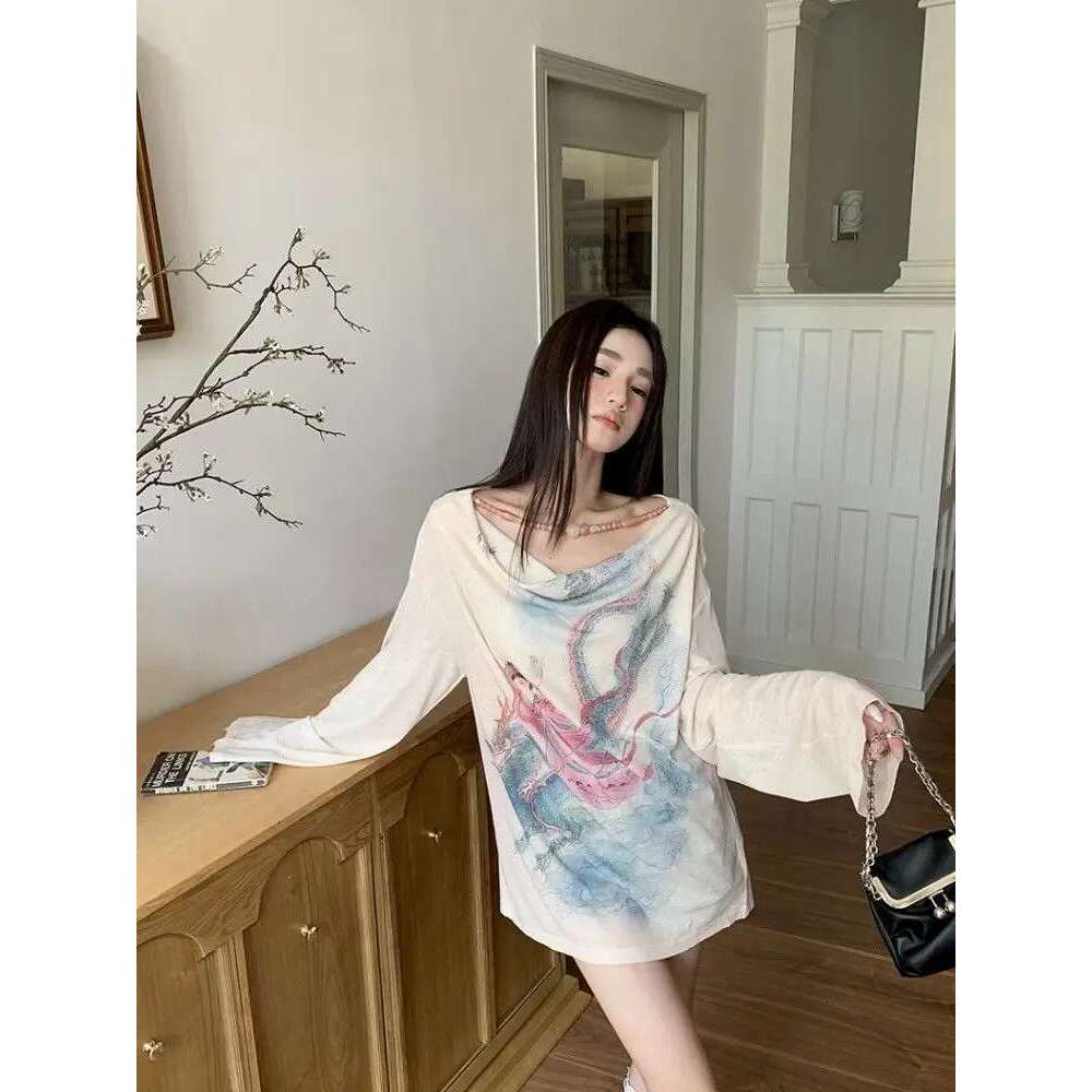 Chinese Print Swing Collar Long Sleeve Sunscreen Oversized T-Shirt Women Tops Summer New Spicy Girl Thin Loose Casual Top