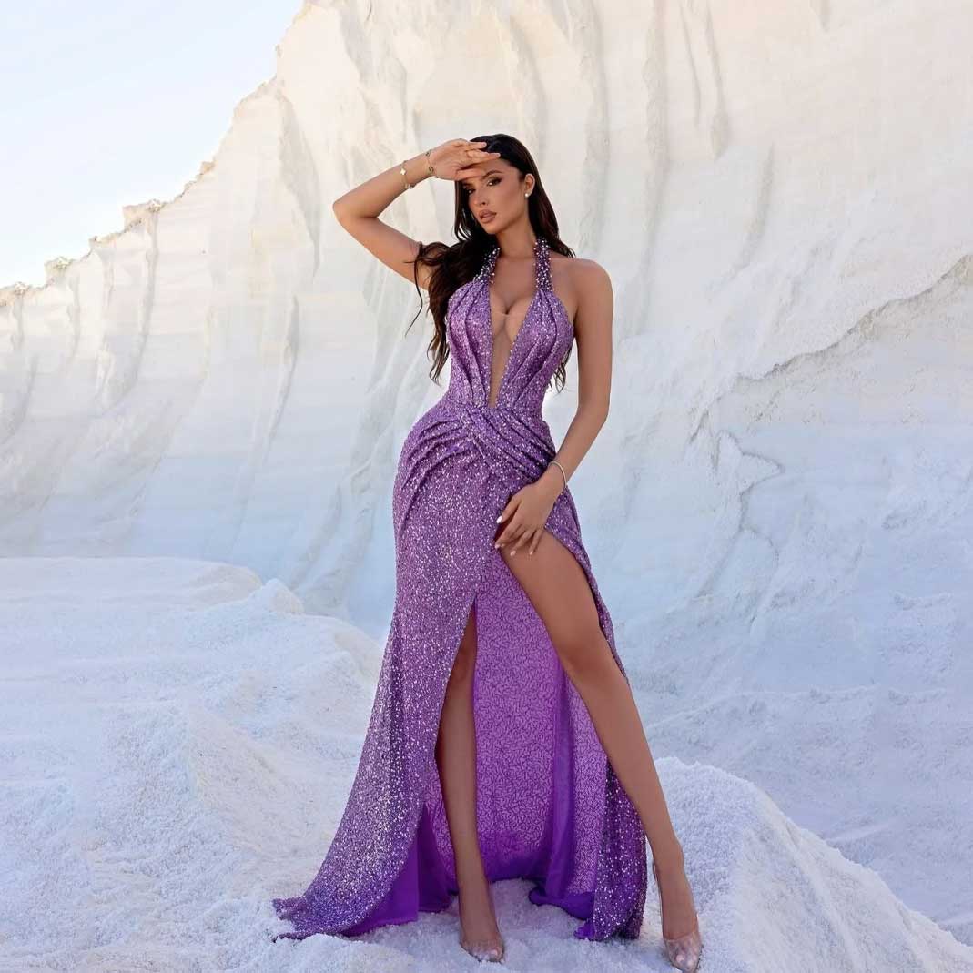 Sexy Mermaid Evening Dress V Neck Prom Gowns Sequins Beads Appliques 3D-Lace Prom Dress vestidos de festa Special Occasion Dresses Plus Size Customize