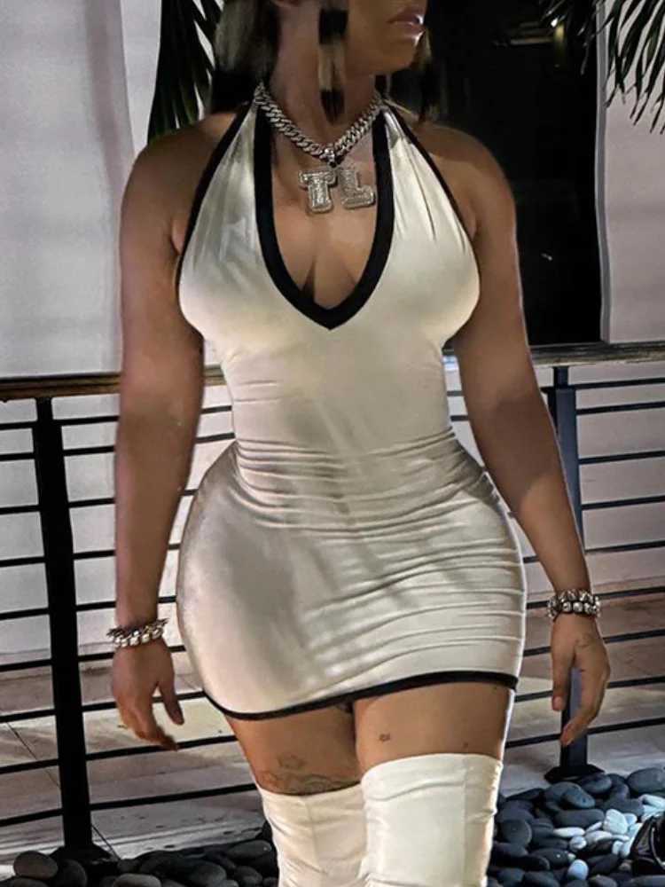 Sexy Deep V Neck Backless Halter Bodycon Dress Women Contrasting Striped Edge Skinny Mini Dress Elegant Club Party Dresses XJ250610
