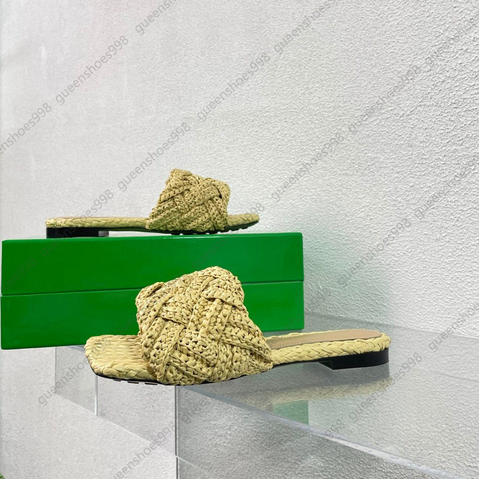 Top Quality Brand Flat Heel Sandals Braided Lafite Grass Luxury Designer Slippers Women High Heels Leather Splicing Casual Party Shoes Size 34-42