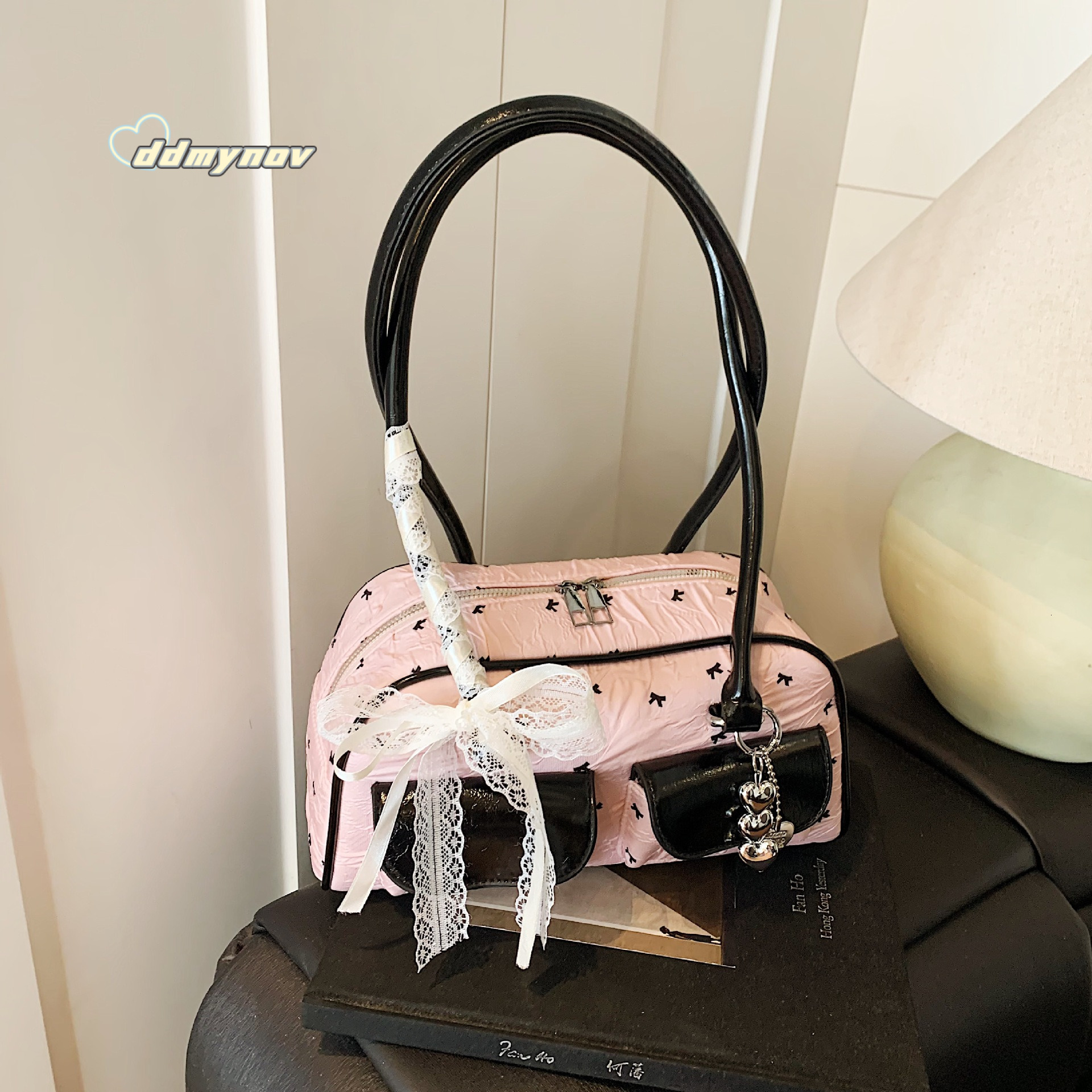 Korean Niche Bowknot Underarm Ins Double Pocket Bowling Handbag Stylish Shoulder Bag ddmynov