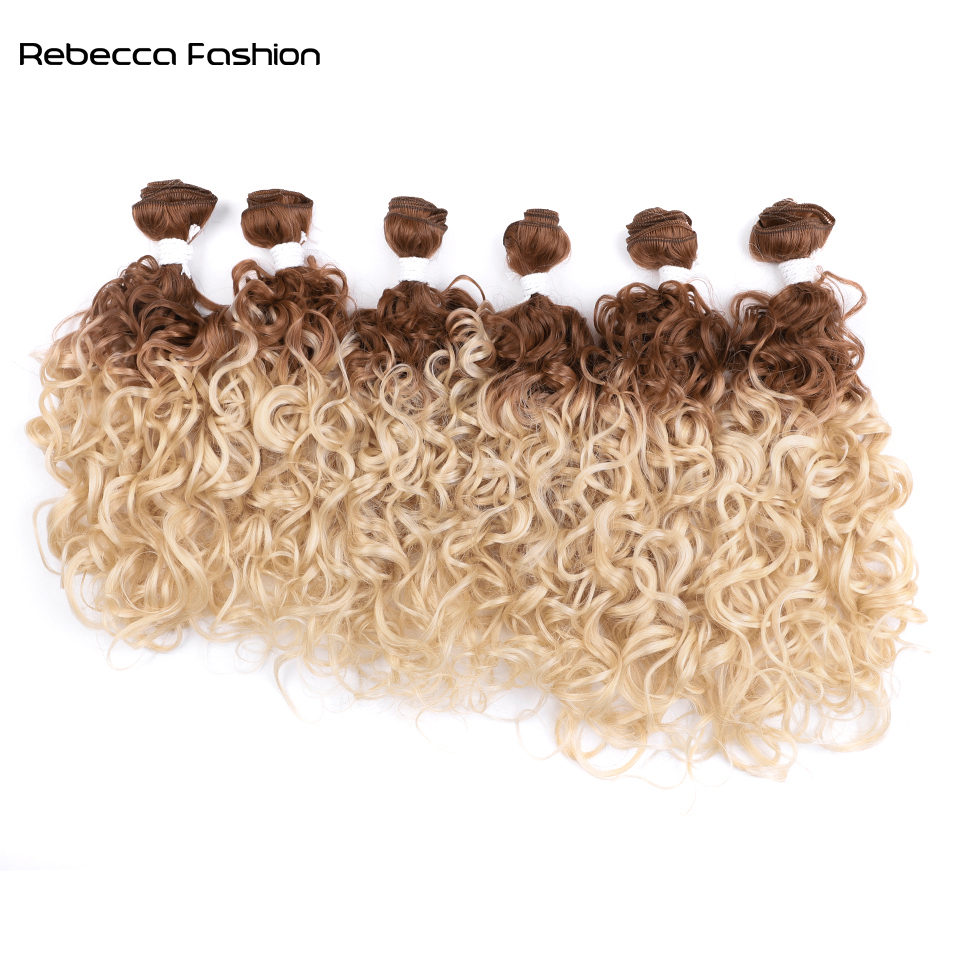 Rebecca Fashion Synthetic 18 20 22 inch 6pcs Deep Wave Bundles Ombre Brown High Temperature Fiber Weave Hair Extensions