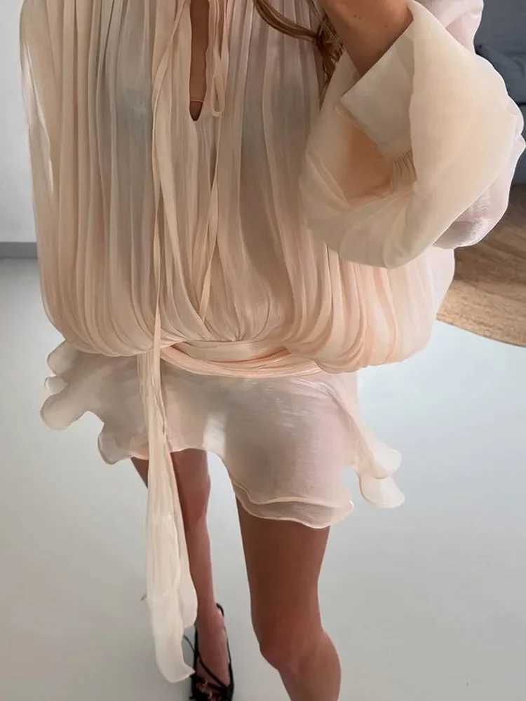 Elegant Solid Blouse Mini Dresses For Women V Neck Long Sleeve Spliced Lace Up Sweet Style Dress 2025 New Street Party VestidosXJ250610