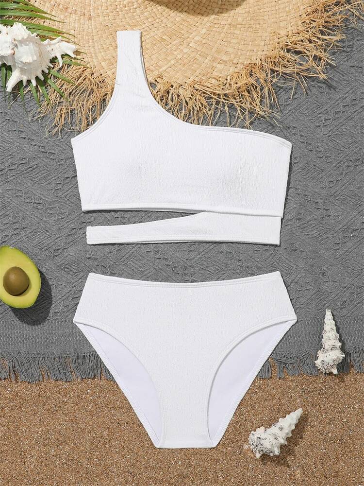 Girls' Swimsuit Bikini 2025 New Solid One Shoulder Bikinis Set Children Swimwear Summer High Waist Kids Beach Wear Bathing Suit