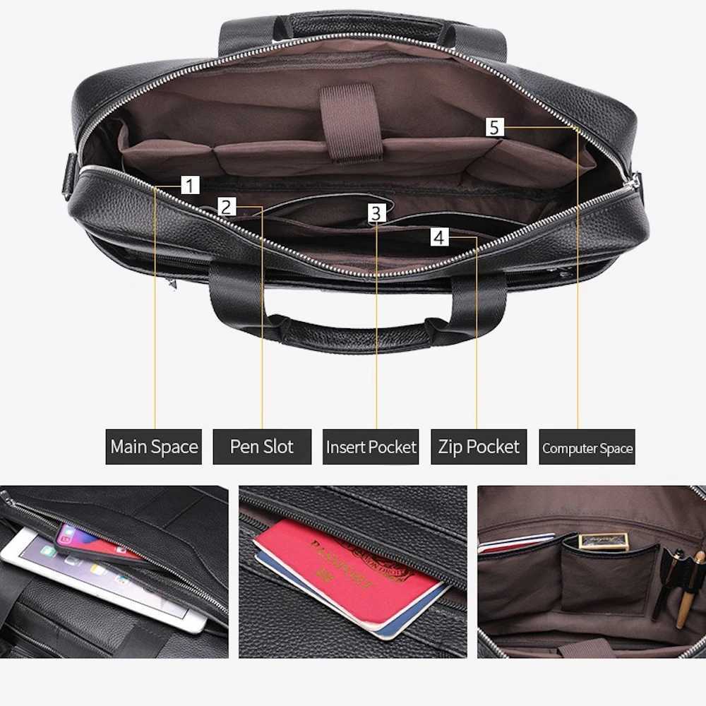 Mens Genuine Leather Business Briefcase Hand Bag Laptop Bag 15.6 inch Laptop for Work Conference Business Trip W250610