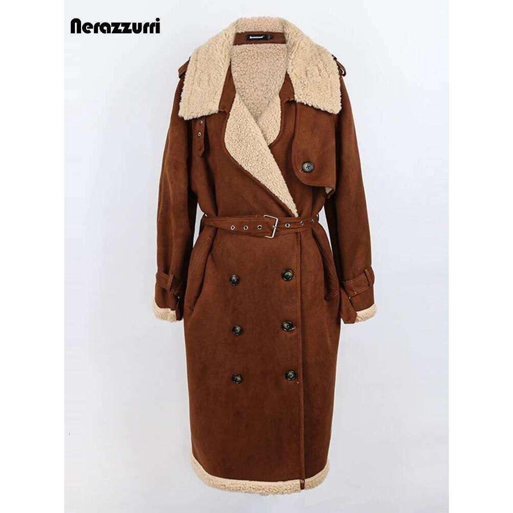 Nerazzurri Winter Long Brown Loose Stylish Cool Thickened Warm Soft Lamb Shearling Coat Women Faux Suede Sheepskin Overcoat 2022