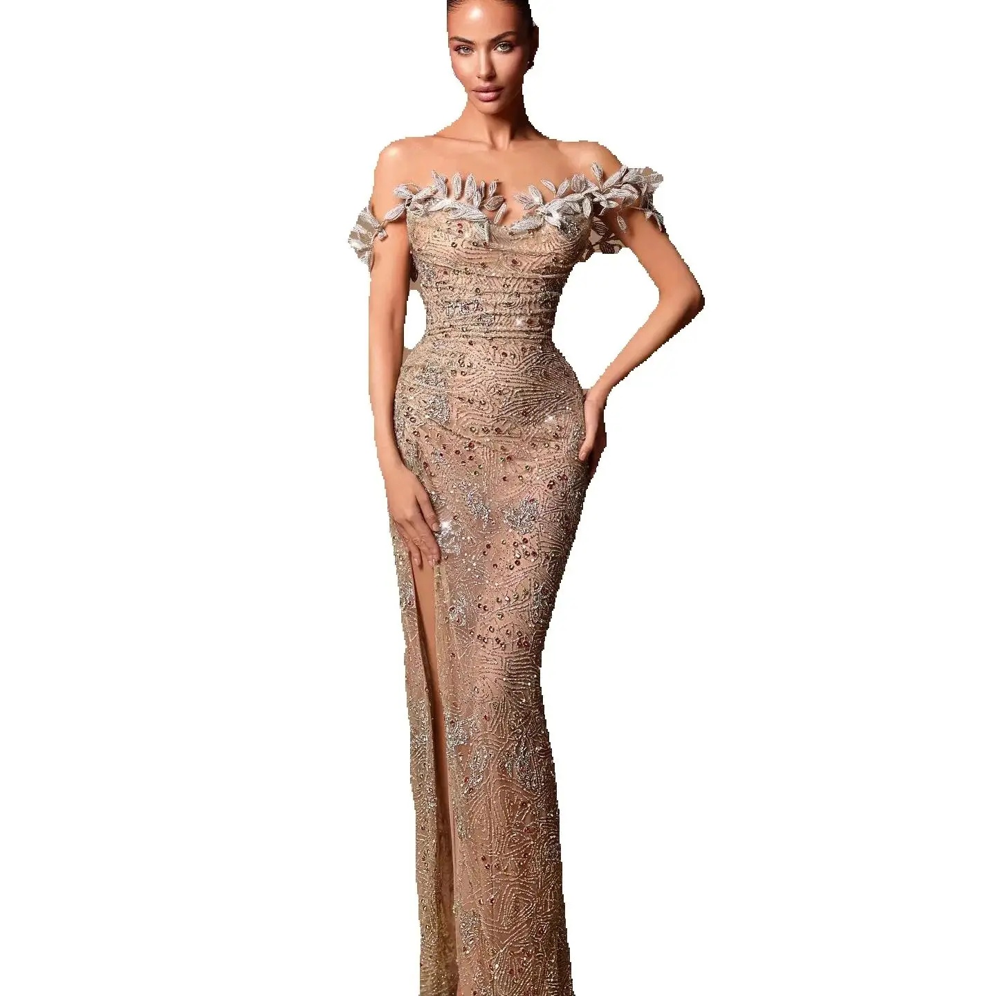 Gorgeous Rhinestones Prom Dresses Elegant Leaf Appliqued Beaded Evening Dress Side High Split Celebrity Party Gown Customized