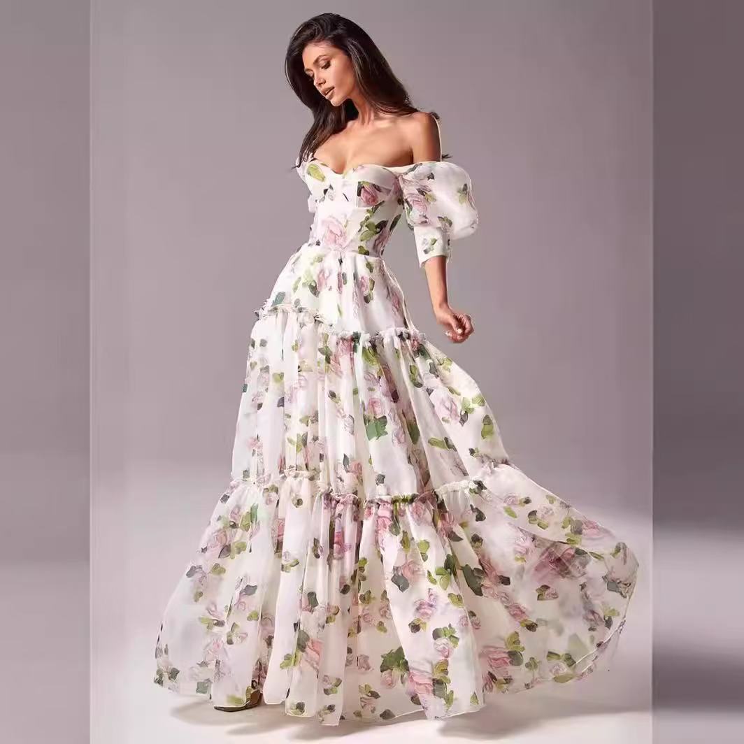 Elegant Floral Print Evening Party Dresses Women Charming A-line Off Shoulder Boat Neck Loose Short Sleeve Prom Gowns Robe Dress