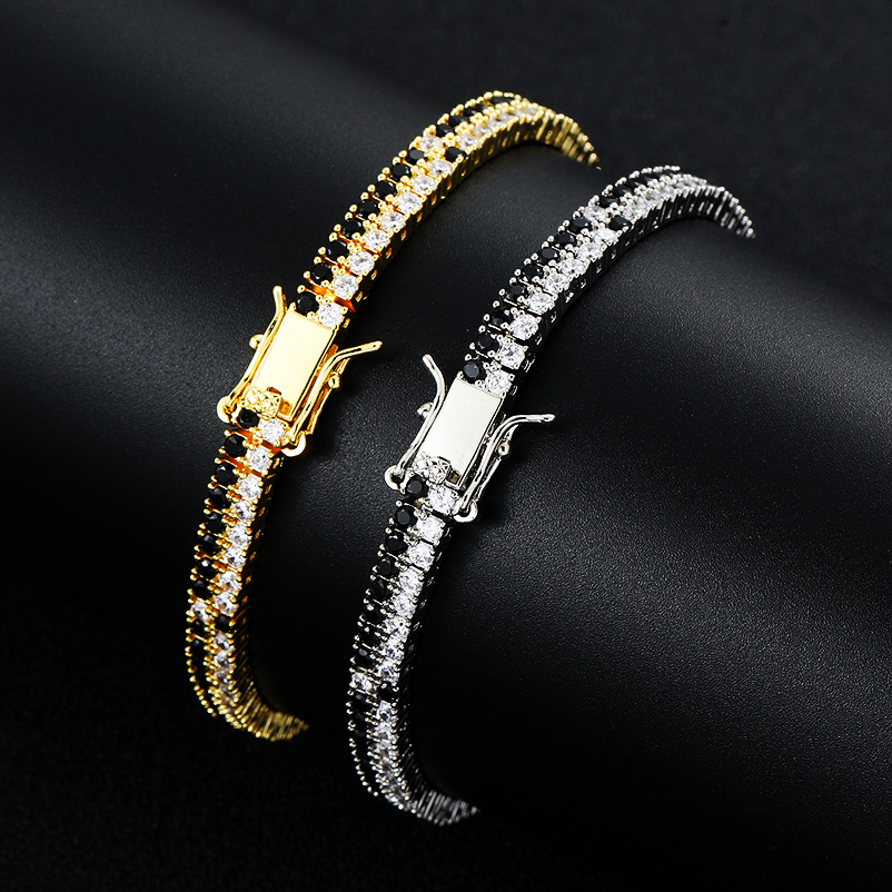 Wolf Tide Hip Hop Black And White Cubic Zirconia Tennis Bracelet Copper Inlaid Black And White Double Row Cz Stibes Sparkly Diamond Chains Bangle New 