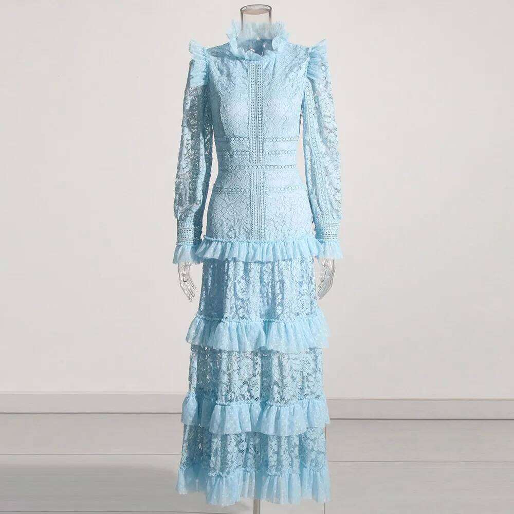 VGH Solid Patchwork Mesh Slimming Dress For Women Stand Collar Sleeve High Waist Minimalist Long Dresses Female Fashion New