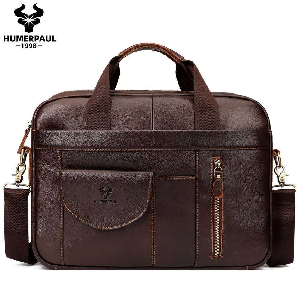 HUMERPAUL Men's Briefcase Top Layer Leather Handcrafted Laptop Bag With Multiple Compartments Business Shoulder Messenger
