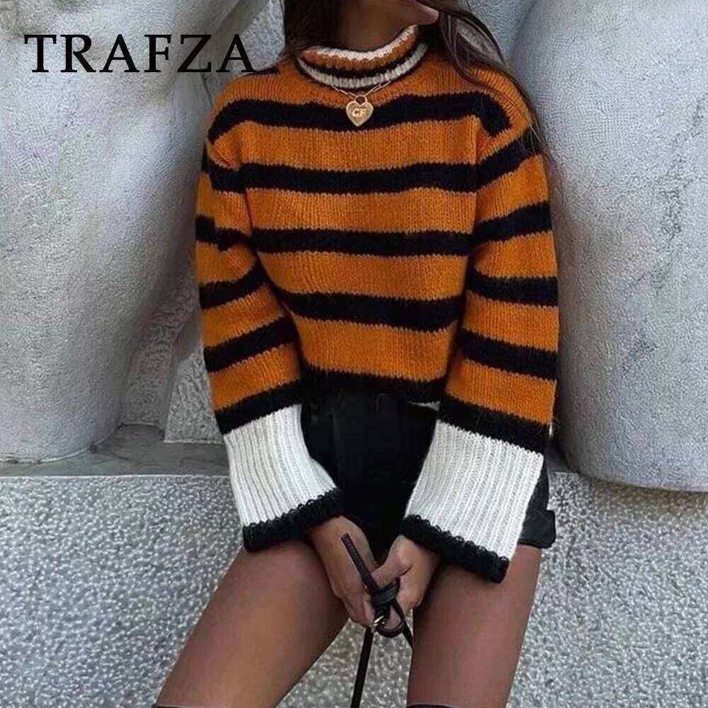 TRAFZA Fashion 2024 Autumn Striped Patch Orange Pullover Turtleneck Oversized Streetwear Women Sweater Winter Casual Knitwear