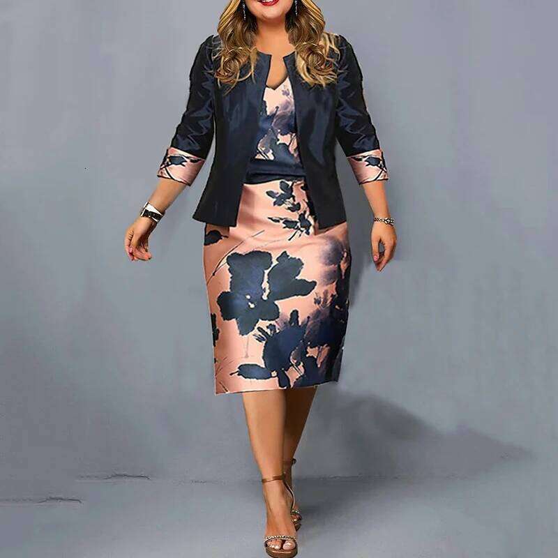 Female Spring Autumn New Solid Three Quarter Sleeve Top And Floral Print Package Hip Dress Two Piece Sets Fashion Suit