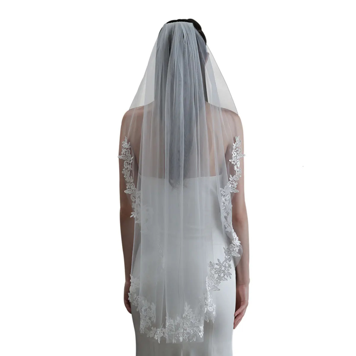 1 Tier Soft Tulle Lace Applique Bridal Veils Wedding Accessories with Comb Fingertip Length Wedding Veils 250610