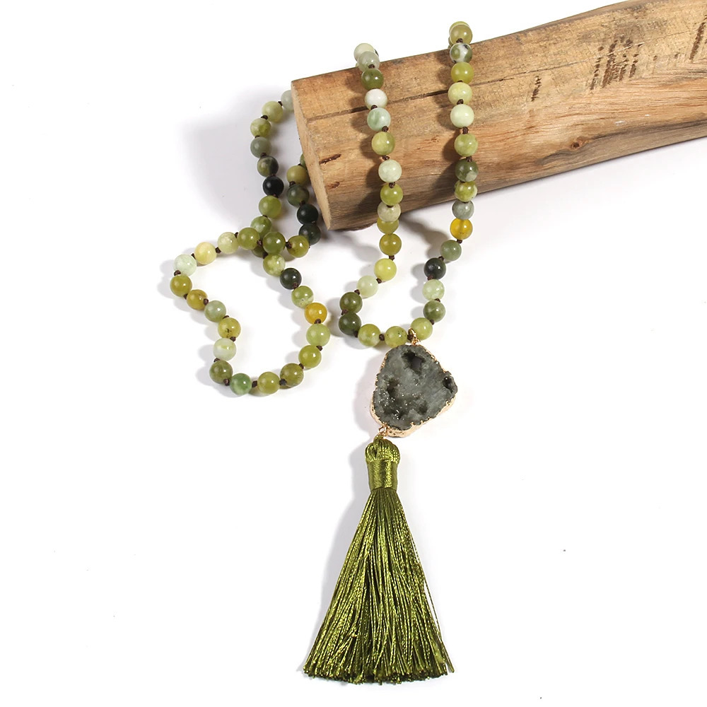 Fashion Bohemian Jewelry Natural Stones Glass Knotted Druzy Stone Links Tassel Necklaces For Women Gift 250604