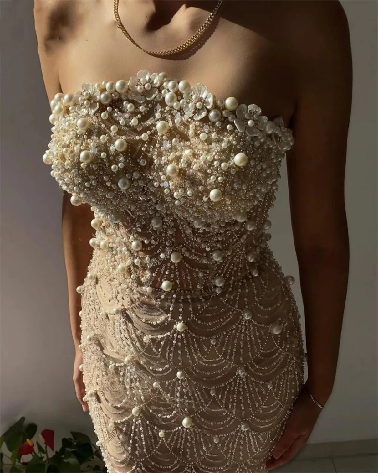 Gorgeous Pearls Prom Dresses Elegant Sequins Lace Beaded Evening Dress Sleeveless Strapless Celebrity Party Gown Customized