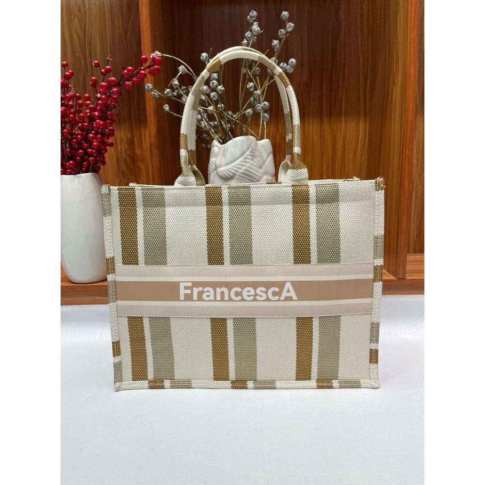 2024 New Canvas Embroidered Digital Print Student Large Capacity Tote Office Commute Striped Bag