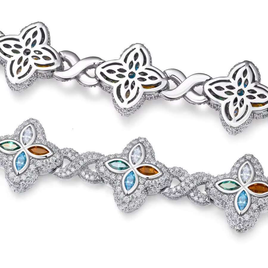 Fashionable 925 Silver Chain Bracelet with Moissanite Four-Leaf Clover Design - Stylish Hip Hop Gift for Birthdays Unisex