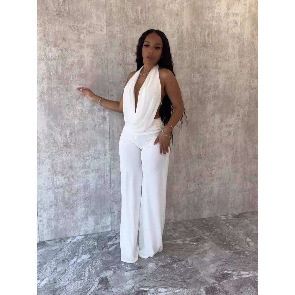 Halter Backless Deep V Cowl Neck Solid Color Jumpsuit For Women Elegant Evening Gowns Tea Party Attire Sexy One Piece Outfit