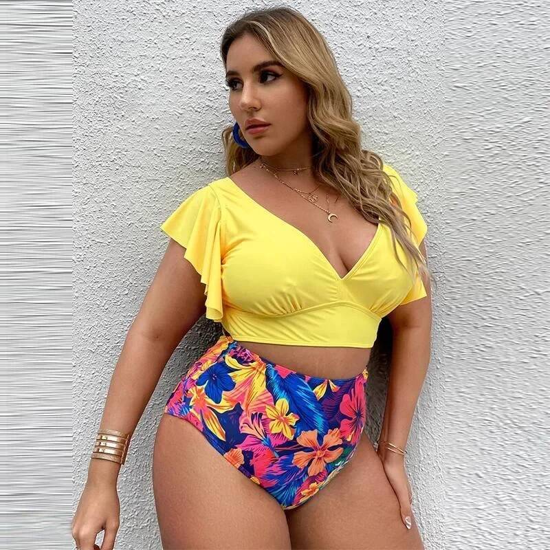 Plus Size High Waist Ruffle Set Sexy Flounce Bikini Swimwear Women Two Pieces Swimsuit Floral Beachwear V-neck