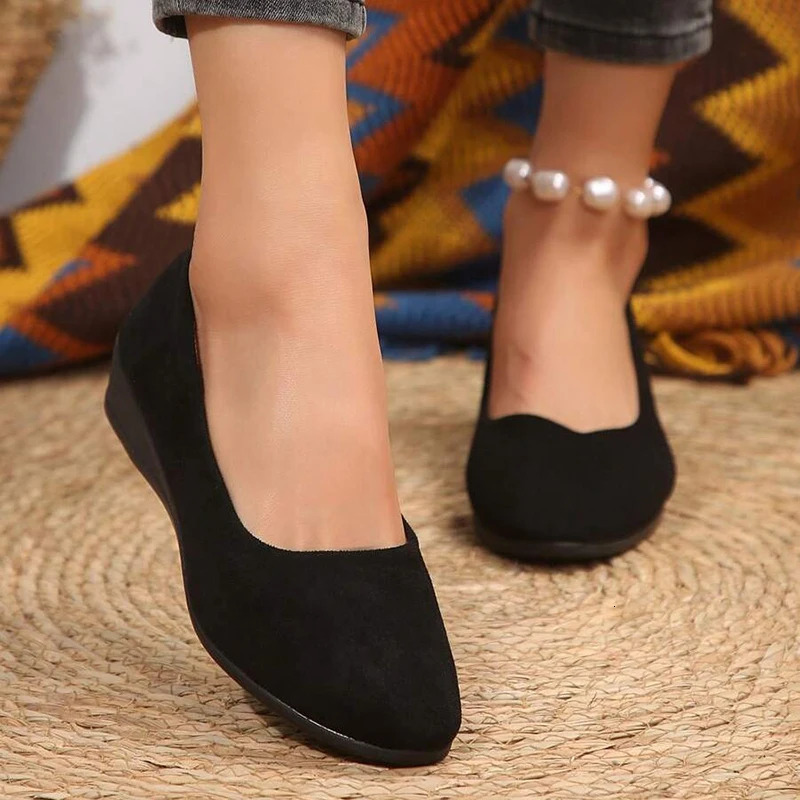 Classic Black Women Wedge Single Shoes Lightweight Slip On Office Work Shoes Woman Comfortable Soft Sole Casual Footwear Female 250603