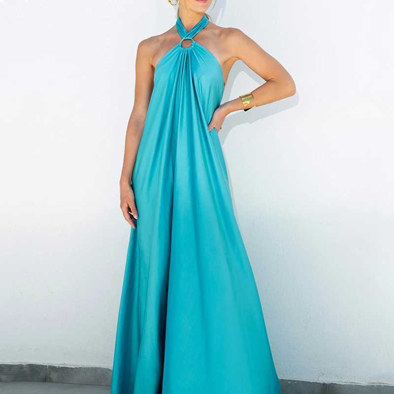 Elegant Summer Blue Suspenders Long Dress 2025 Fashion Women Casual Sexy Party Dress Backless A-line Evening Dress Vestido Robe XJ250610