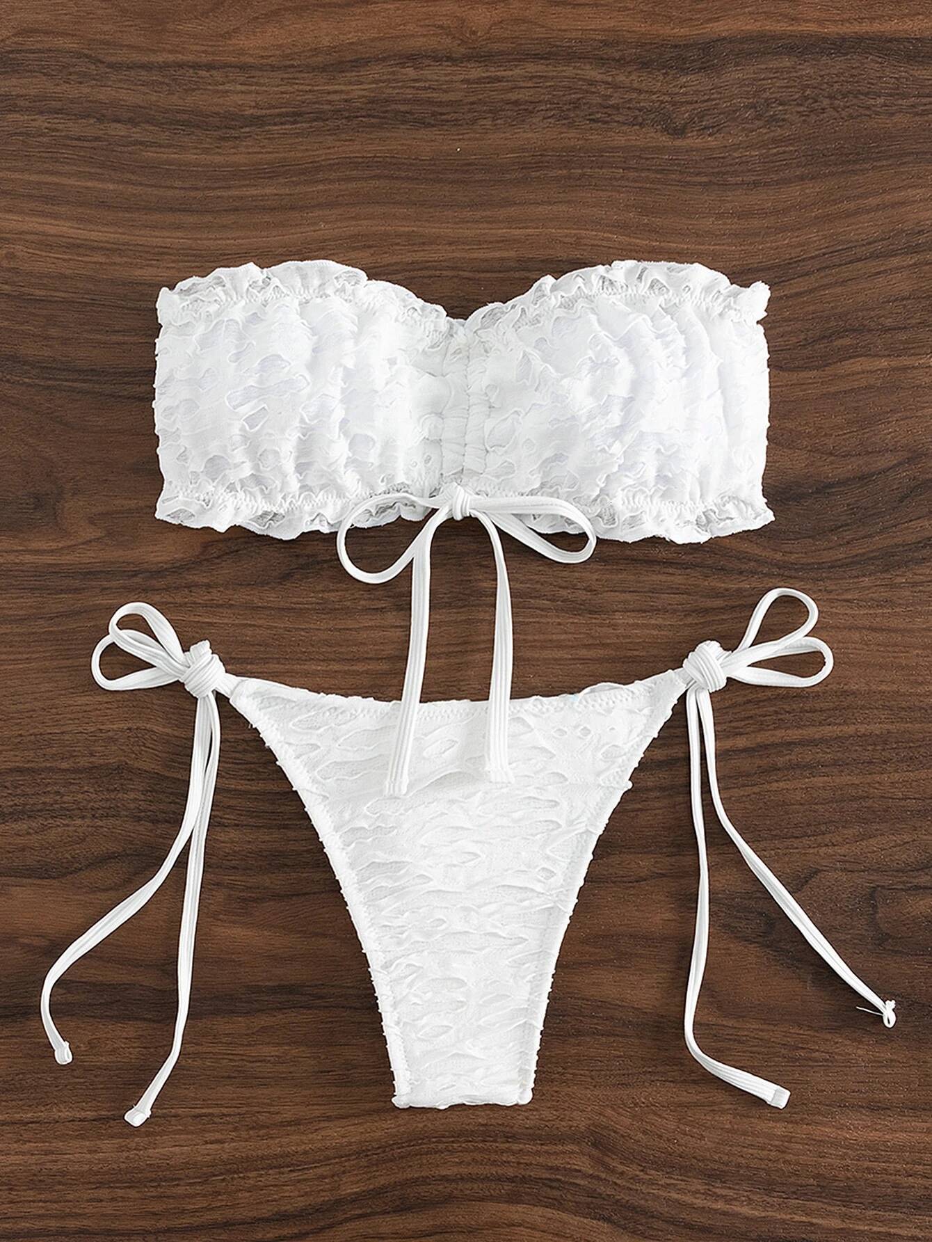 2025 summer solid color women's swimsuit pit strip european and american sexy split bandeau bikini