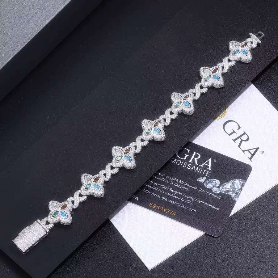 Fashionable 925 Silver Chain Bracelet with Moissanite Four-Leaf Clover Design - Stylish Hip Hop Gift for Birthdays Unisex