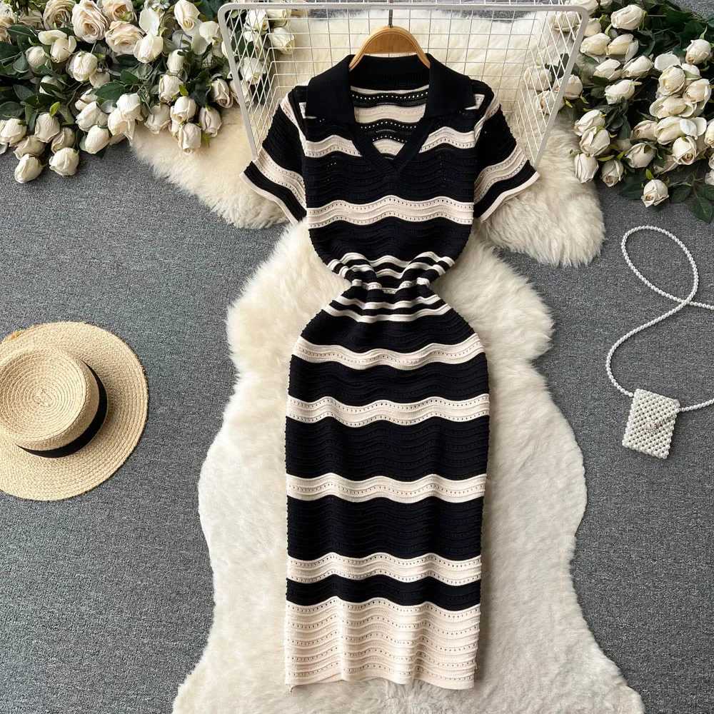 Short Sleeves Striped Long Dress Lapel Neck Hollow Out Slim Bodycon Sundress Fashion Hotsweet Knitted Beach Midi Dress XJ250610