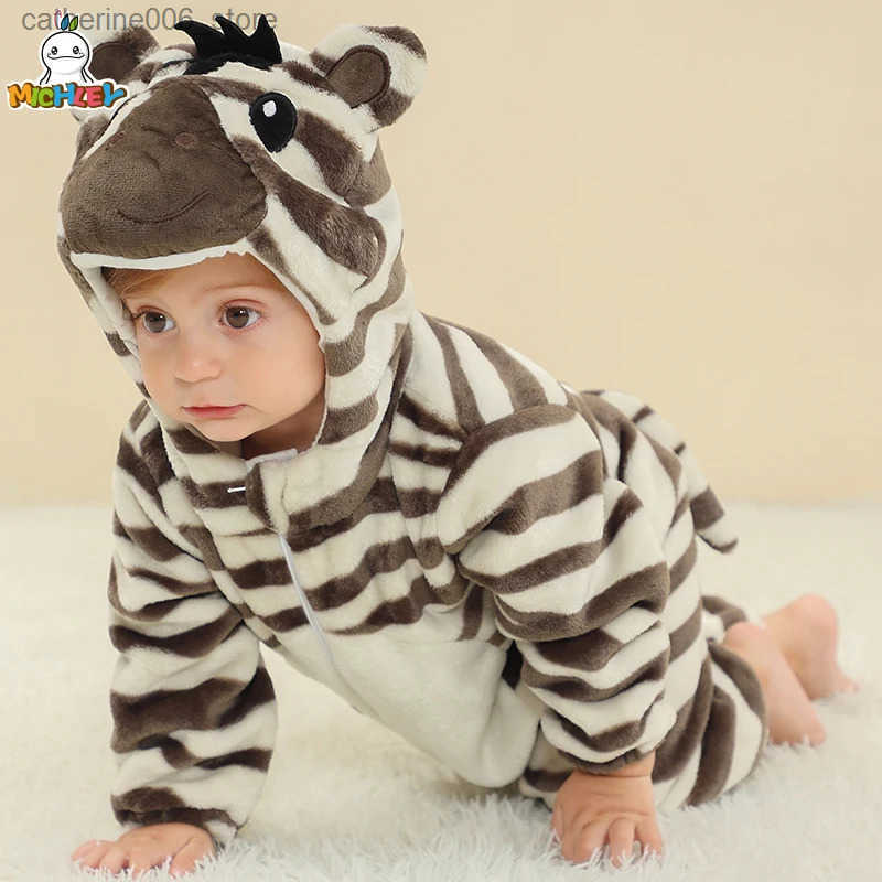 MICHLEY Halloween Cute Zebra Baby Rompers Winter Clothes Costume Flannel Hooded Bodysuits Pajamas Animals Jumpsuit For Girls Boy y250610V5K6