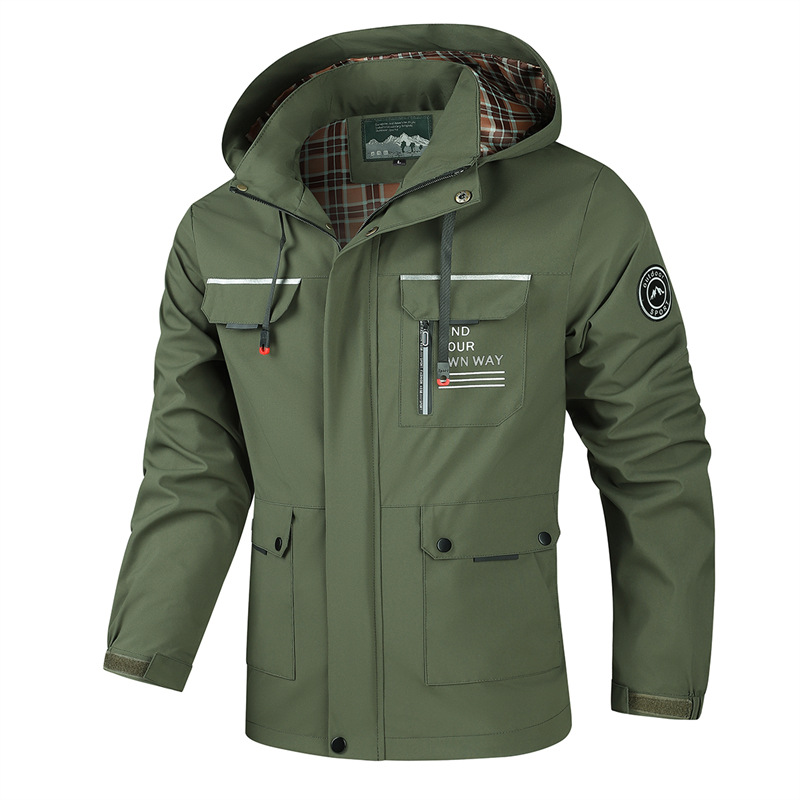 Thin workwear jacket for men in spring and autumn European and American outdoor leisure fashion medium to long hooded jacket