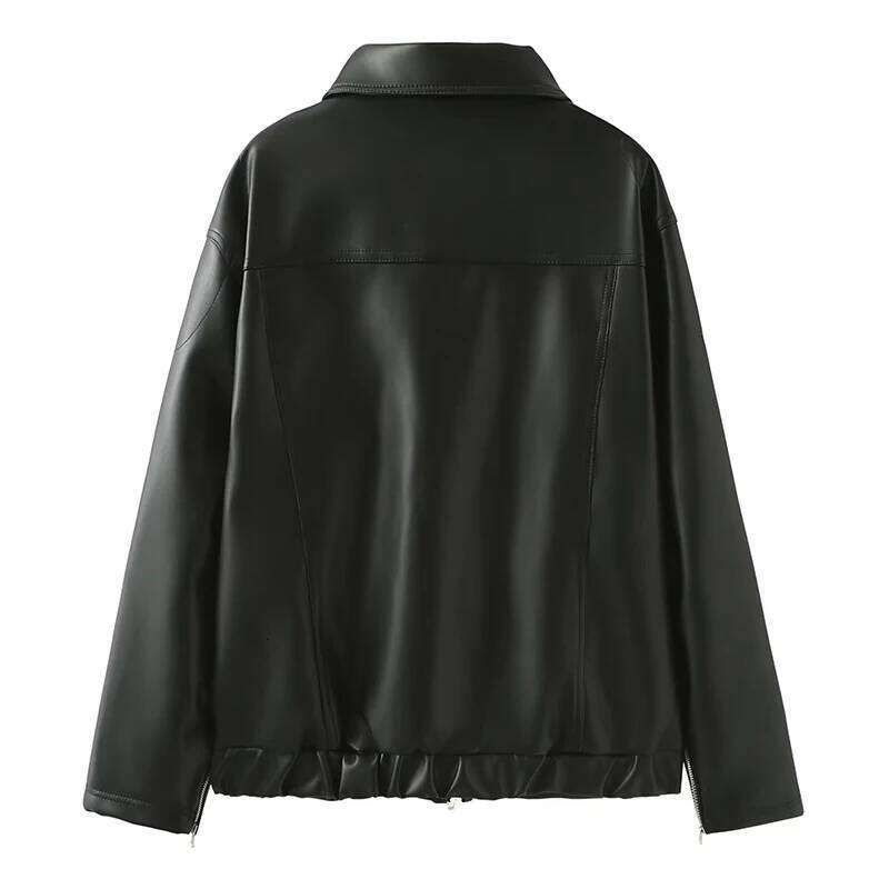 Woman's Street Style Faux Leather Cool Bow Coat Sweet Retro Lapel Long Sleeves PU Jacket Streetwear Zipper Outerwear