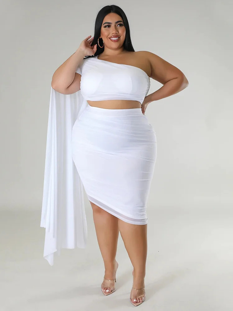 Wmstar Plus Size In Matching Sets Two Piece Outfits Summer Single Sleeve Crop Top and Skirts Sexy Wholesale Drop 250609