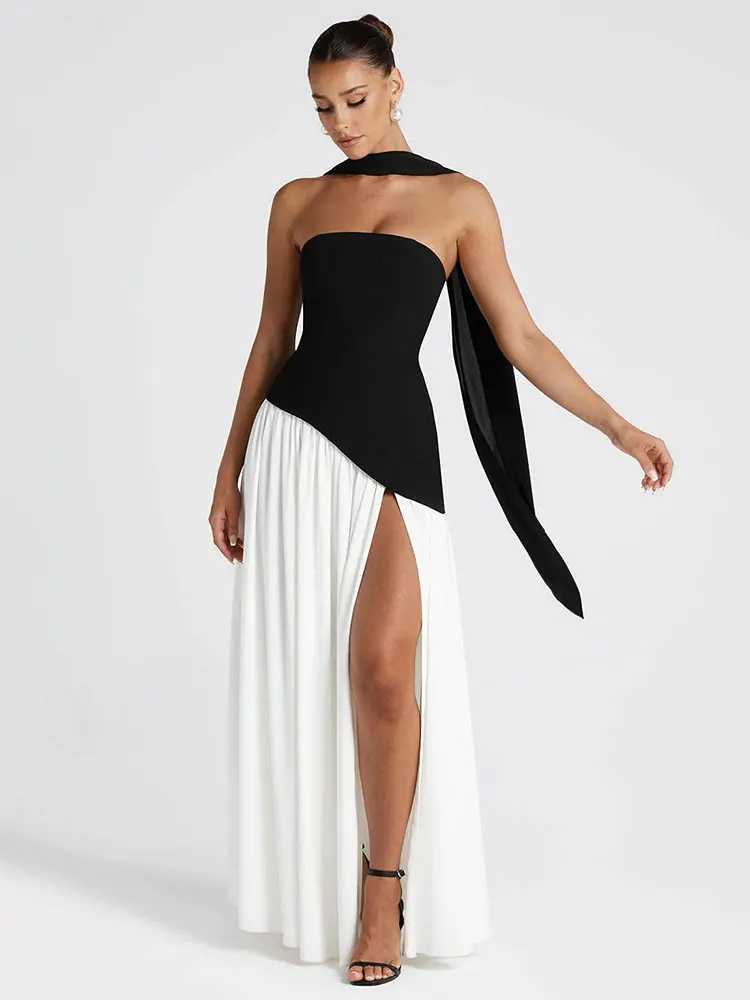 GACVGA Elegant Strapless Sexy Maxi Dress Women Gown Scarf Collar Bandage Backless High Split Club Party Evening Long Dress XJ250610
