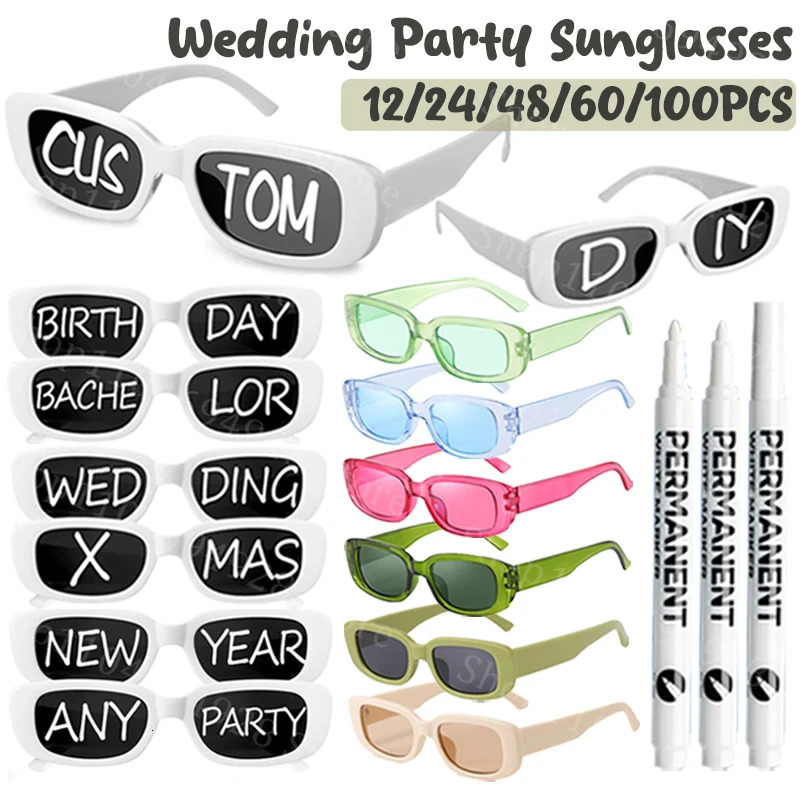 12-100Pcs Wedding Sunglasses with Pens Customizable Party Sunglasses Retro Rectangle Sunglasses for Bachelorette Birthday Decor 250530