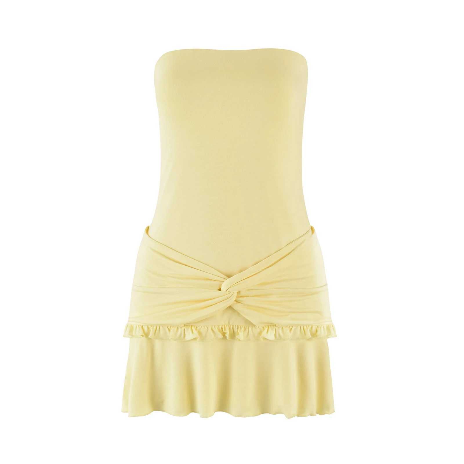 hirigin Women Y2K Frills Knotted Strapless Mini Dress Coquette Sleeveless Backless Off Shoulder Tube Bodycon Short Dress Party XJ250610