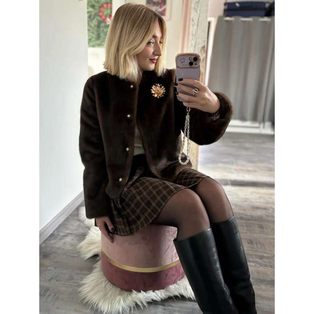 ZBZA Women's Fashion Brooch Jacket Vintage Simple O-Neck Long Sleeve Faux Fur Cardigan Winter New Female Chic Outerwear