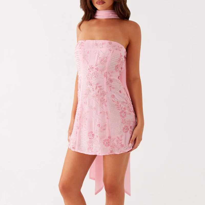 Women Sequin Strapless Mini Dress with Scarf Beaded Rhinestone Sleeveless Off Shoulder Dress Sexy Backless Cocktail Party Dress XJ250610
