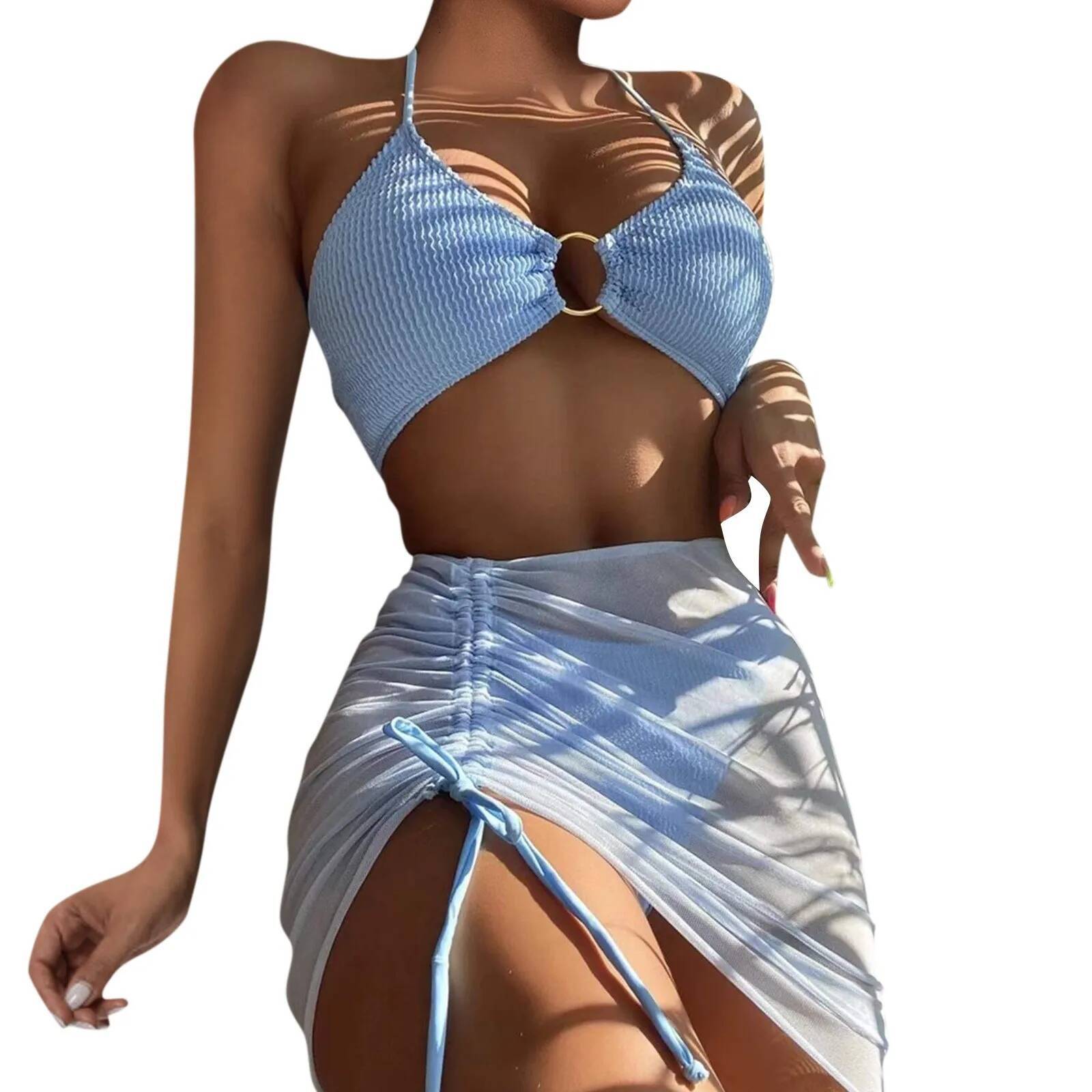 Women'S Summer Beach Swimwear Four Piece Sexy Mesh Cover Up Three Pointed Bikini Swimsuit Fashion Beachwear