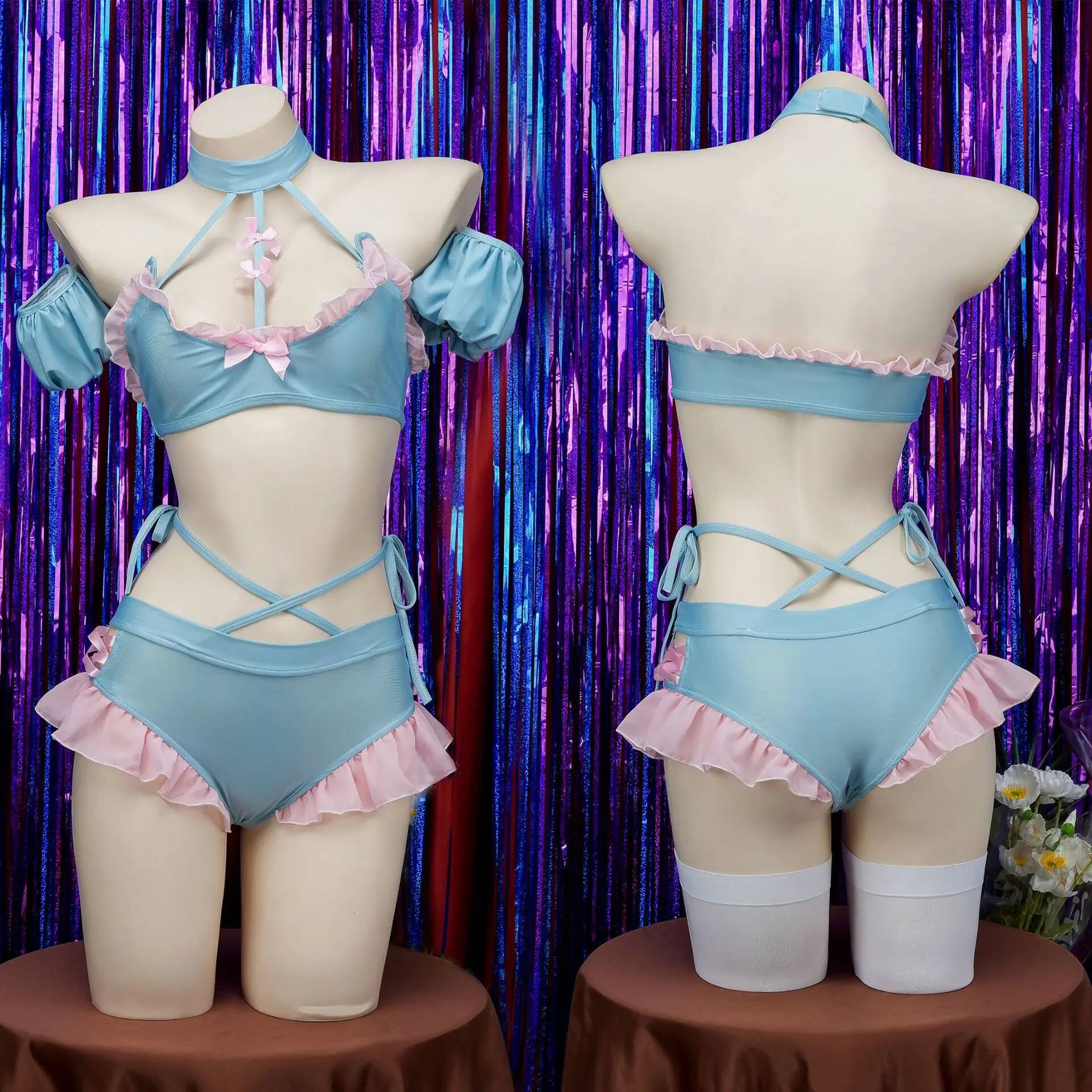 Women Blue Pink Schoolgirl Ruffled Style Bikini Set Home Wear Lingeries Cosplay Costume Outfits Sexy Split Swimsuit