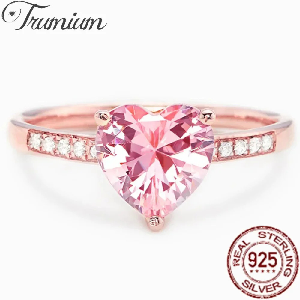 Trumium 925 Sterling Silver Solitaire Women Heart Engagement Rings Pink Cubic Zirconia Proposal Rings For Girlfriend Gift 250610