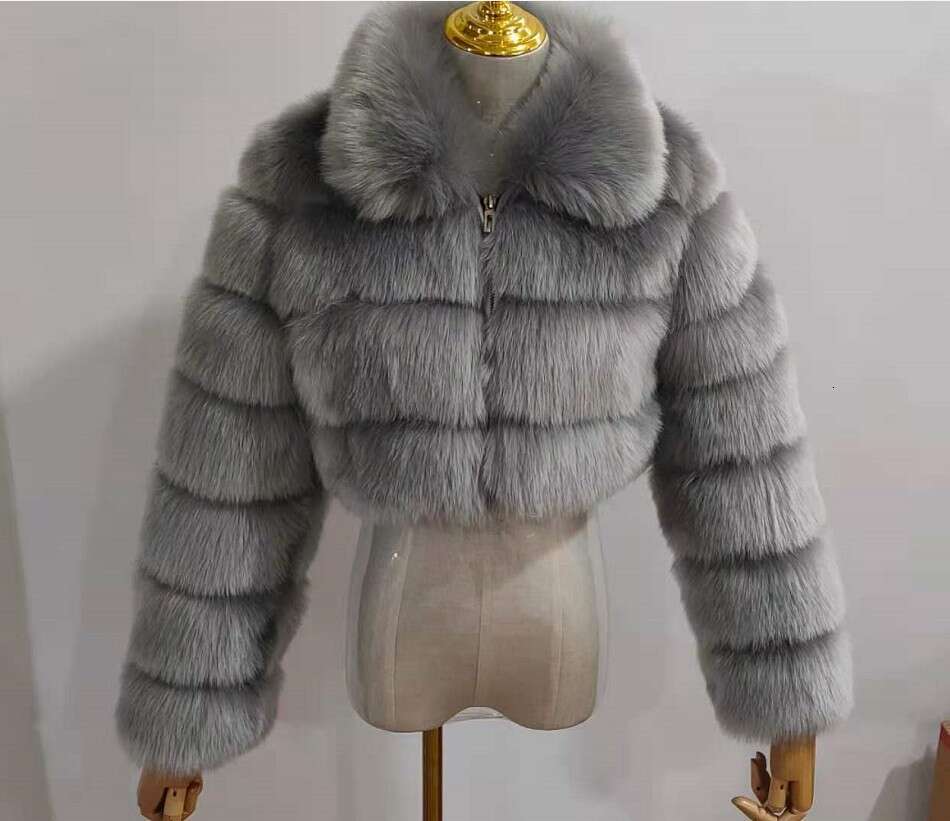 Faux Coat With Fox Fur Patchwork, Short Collar, Long Sleeve, Women's Jacket